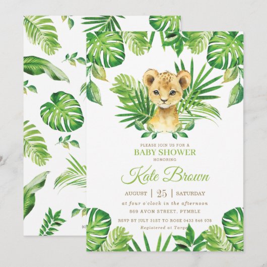 Invitation Cute Lion Cub Baby shower Garçon de verdure tropic (Devant / Derrière)