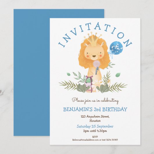 Invitation Cute Lion Feuilles de la Couronne Boys 3e fête d'a (Devant / Derrière)
