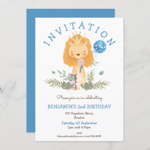 Invitation Cute Lion Feuilles de la Couronne garçons 2e fête 