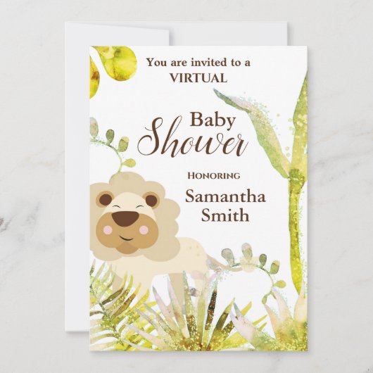 Invitation Cute Lion Tropical Floral Art Baby shower virtuel (Devant)