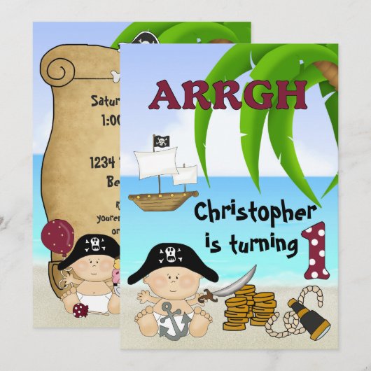Invitation Cute Little Buccaneer ~ 1er anniversaire de Pirate (Devant / Derrière)