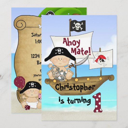 Invitation Cute Little Buccaneer ~ Pirate 1er Anniversaire (Devant / Derrière)
