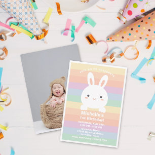 Invitation Cute Little Bunny Rainbow Baby 1er Anniversaire Ph