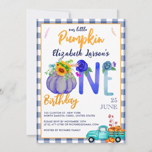 Invitation Cute Little Citrouille Anniversaire Bleu camion th (Devant)