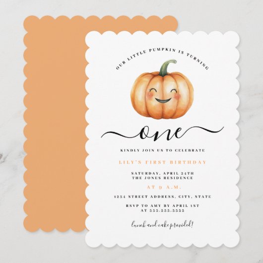 Invitation Cute Little Citrouille Première fête d'anniversair (Devant / Derrière)