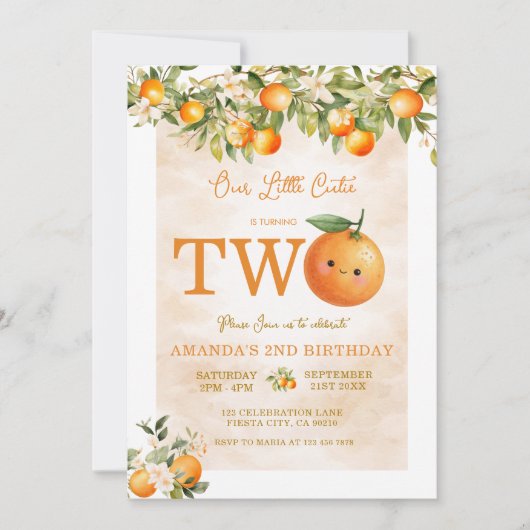 Invitation Cute Little Cutie Orange 2nd Birthday (Devant)