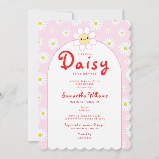 Invitation Cute Little Daisy Baby shower moderne rose rouge f (Devant)
