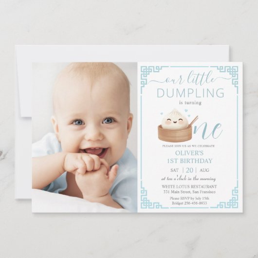 Invitation Cute Little Dumpling Bleu 1er Anniversaire Photo (Devant)