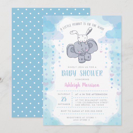 Invitation Cute Little Elephant & Baby Bunny Baby Shoy (Devant / Derrière)