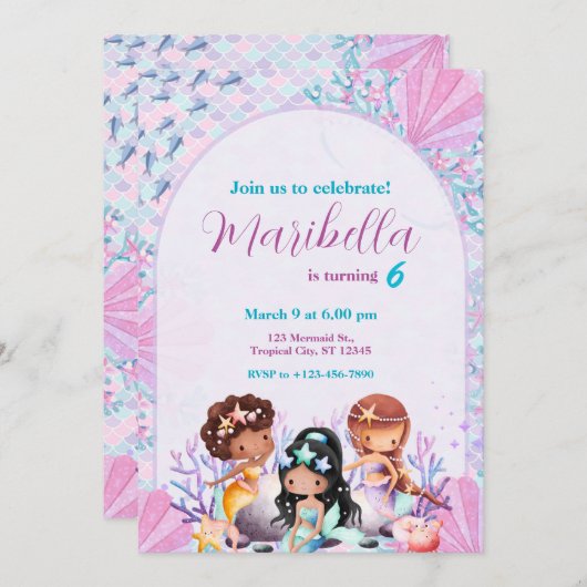 Invitation Cute Little Mermaids Under The Sea Birthday Party (Devant / Derrière)
