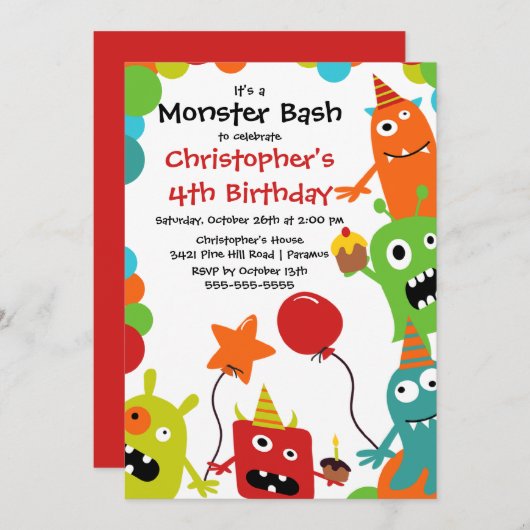 Invitation CUTE Little Monster Bash fête d'anniversaire (Devant / Derrière)