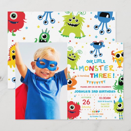 Invitation Cute Little Monster Boy 1er Anniversaire Vibrant P (Devant / Derrière)