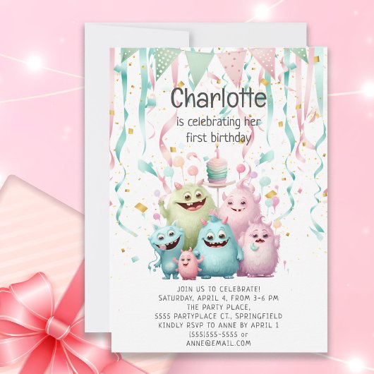 Invitation Cute Little Monsters 1er anniversaire de la fille