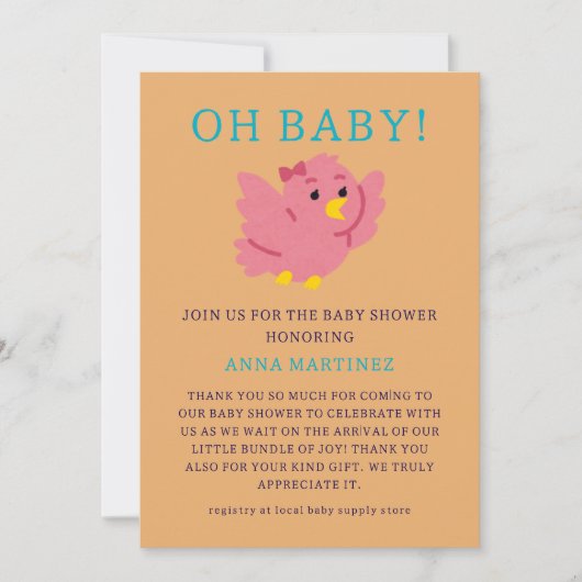 Invitation Cute Little Rose Bird Thème Fille Baby shower (Devant)