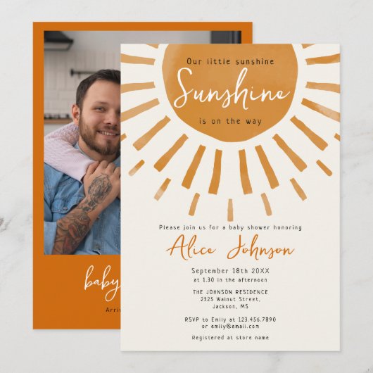 Invitation Cute Little Sunshine Boho Baby shower photo (Devant / Derrière)