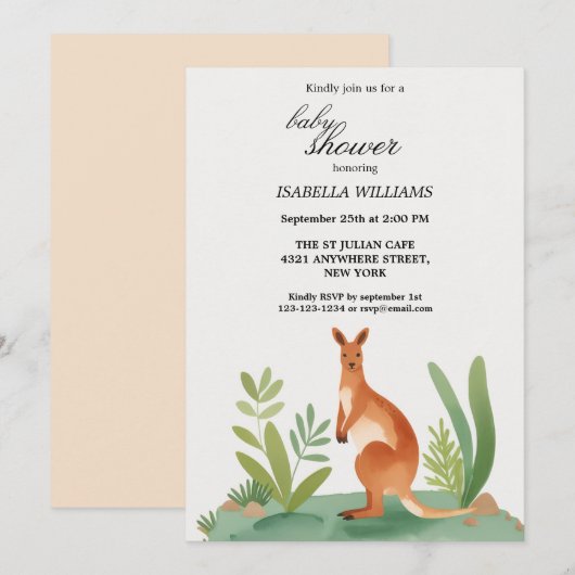 Invitation Cute Little Watercolor Baby shower Kangaroo (Devant / Derrière)