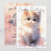 Invitation cute little watercolor cat birthday (Devant / Derrière)