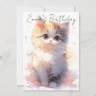Invitation cute little watercolor cat birthday