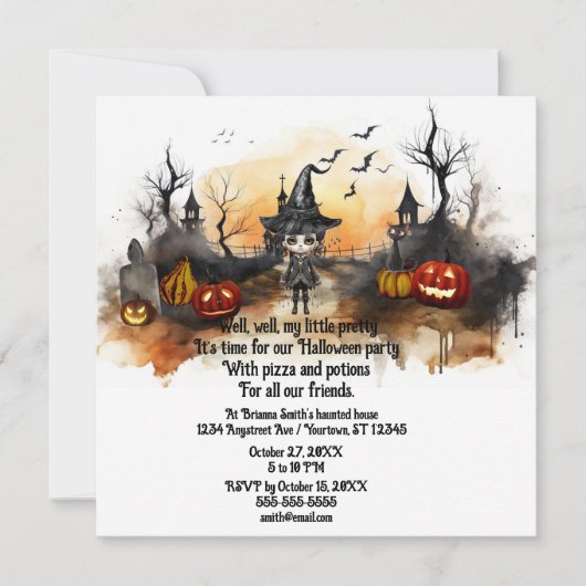Invitation Cute Little Witch Ado Halloween Party (Devant)