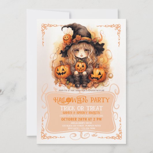 Invitation Cute Little Witch et Halloween Citrouille (Devant)