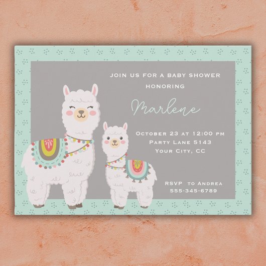 Invitation Cute llama aqua et baby shower gris