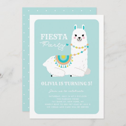 Invitation Cute Llama avec Pom Poms Blue Fiesta Anniversaire  (Devant / Derrière)