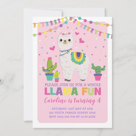 Invitation Cute Llama fête d'anniversaire Fille Fiesta Alpaca (Devant)