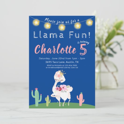 Invitation Cute Llama Fun Blue Anniversaire (Debout devant)