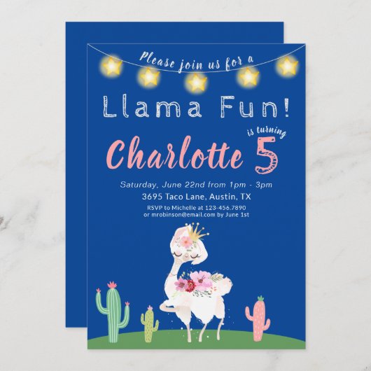 Invitation Cute Llama Fun Blue Anniversaire (Devant / Derrière)