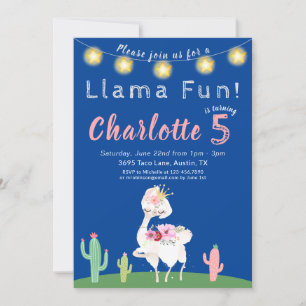 Invitation Cute Llama Fun Blue Anniversaire