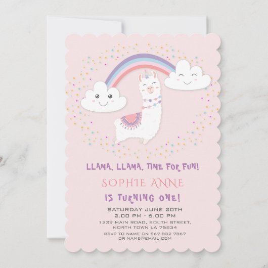 Invitation Cute Llama Rainbow Stars Blush Premier Anniversair (Devant)