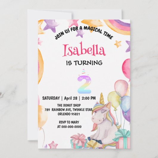 Invitation Cute Magic Rainbow Unicorn 2e fête d'anniversaire (Devant)