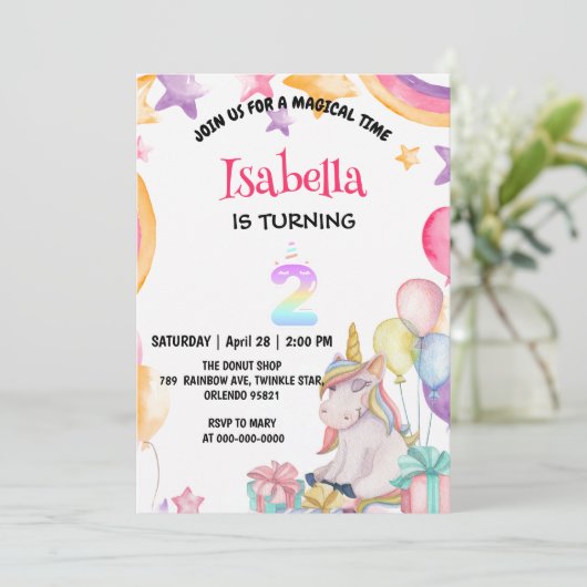 Invitation Cute Magic Rainbow Unicorn 2e fête d'anniversaire (Debout devant)