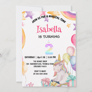 Invitation Cute Magic Rainbow Unicorn 2e fête d'anniversaire