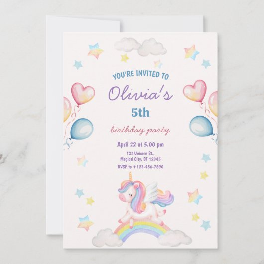 Invitation Cute Magical Fairytale Unicorn Rainbow Clouds (Devant)