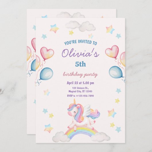 Invitation Cute Magical Fairytale Unicorn Rainbow Clouds (Devant / Derrière)