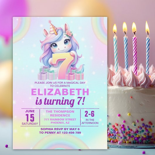 Invitation Cute Magical Unicorn 7th Birthday – Rainbow 
