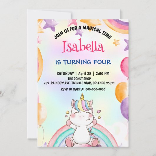 Invitation Cute Magique Arc-en-ciel Unicorn fête d'anniversai (Devant)