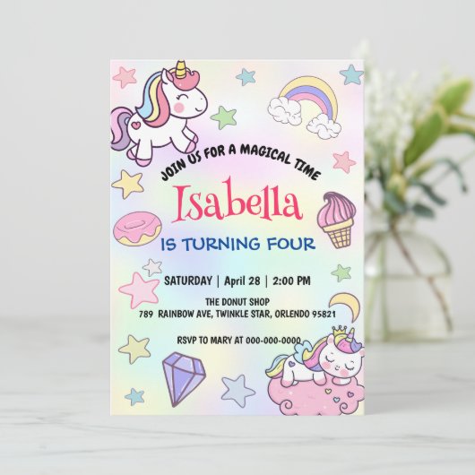 Invitation Cute Magique Arc-en-ciel Unicorn fête d'anniversai (Debout devant)