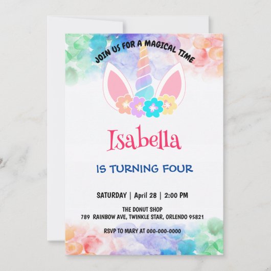 Invitation Cute Magique Arc-en-ciel Unicorn fête d'anniversai (Devant)