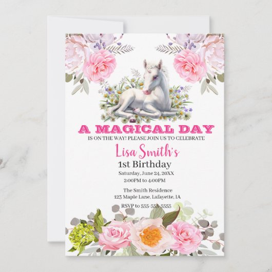 Invitation Cute Magique Bébé Unicorn 1er anniversaire (Devant)