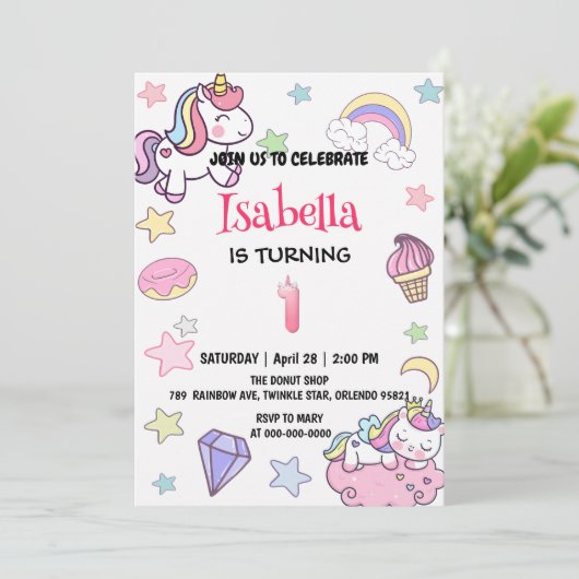 Invitation Cute Magique Rainbow Unicorn 1er anniversaire fête (Debout devant)