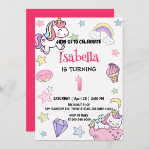 Invitation Cute Magique Rainbow Unicorn 1er anniversaire fête