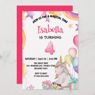Invitation Cute Magique Rainbow Unicorn 4e fête d'anniversair