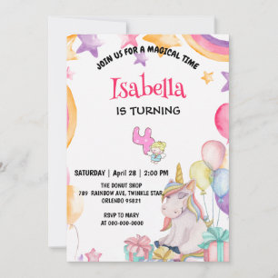 Invitation Cute Magique Rainbow Unicorn 4e fête d'anniversair