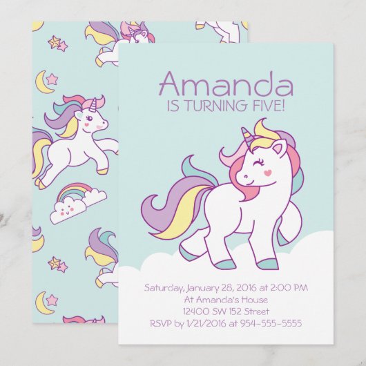 Invitation Cute Magique Unicorn Pastel FILLE Animaux Annivers (Devant / Derrière)