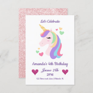 Invitation Cute Magique Unicorne & Coeurs Anniversaire