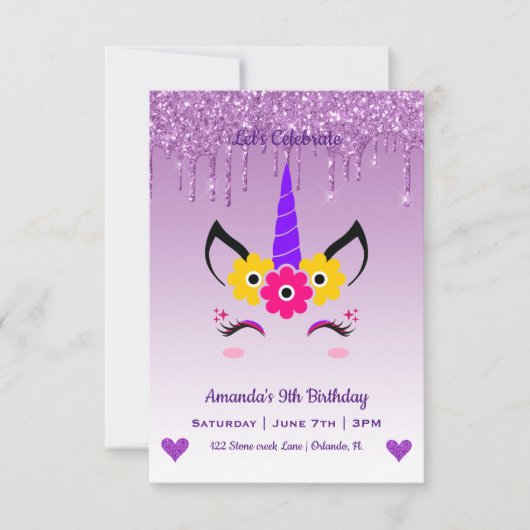 Invitation Cute Magique Unicorne & Coeurs Anniversaire (Devant)