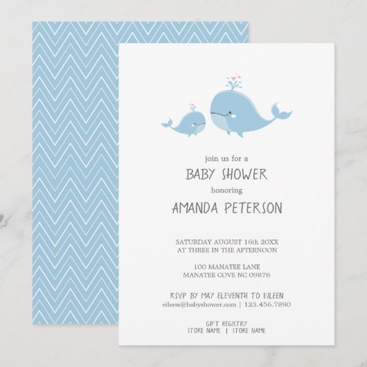 Invitation Cute Mama & Baby Whales Baby shower bleu Chevron (Devant / Derrière)