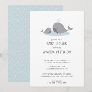 Invitation Cute Mama & Baby Whales Baby shower bleu Chevron